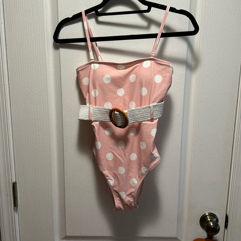 Pink Lily x Caitlin Covington, Miami square Neck Polka Dot Belted Swimsuit-Small